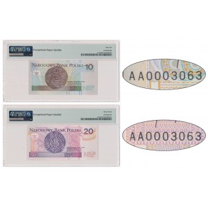 Zestaw, 10-20 złotych 1994 - AA 0003063 - PMG 66/67 EPQ - takie same numery seryjne