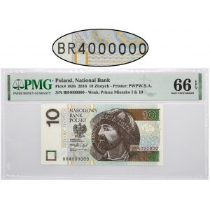 10 złotych 2016 - BR 4000000 - PMG 66 EPQ - numer milionowy