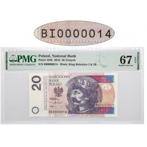 20 złotych 2016 - BI 0000014 - PMG 67 EPQ - niski numer