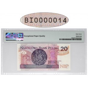 20 złotych 2016 - BI 0000014 - PMG 67 EPQ - niski numer