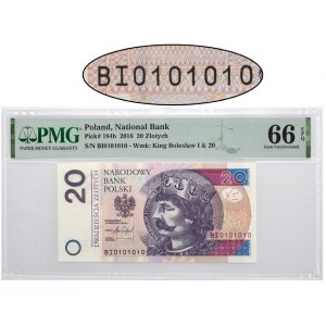 20 złotych 2016 - BI 0101010 - PMG 66 EPQ - ładny numer radarowy