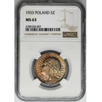 Kopf einer Frau, 5 Zloty Warschau 1933 - NGC MS63 - SCHÖNES MUSTER