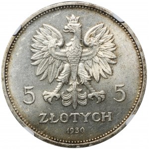 Sztandar, 5 złotych 1930 - NGC MS64 - stempel płytki - WYŚMIENITY