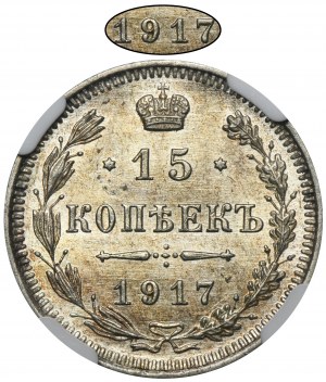 Russia, Nicholas II, 15 Kopeck Petersburg 1917 BC - NGC MS63 - RARE