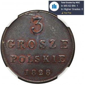 Königreich Polen, 3 polnische Grosze Warschau 1828 FH - NGC MS62 BN - SCHÖN
