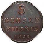 Królestwo Polskie, 3 grosze polskie Warszawa 1828 FH - NGC MS62 BN - PIĘKNE
