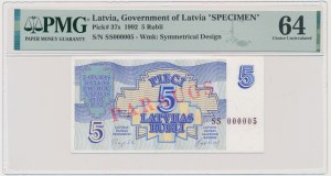 Latvia, 5 Rubli 1992 - SPECIMEN - PMG 64