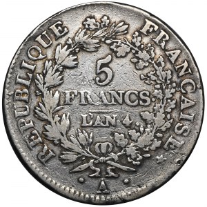 France, Directorate, 5 Francs Paris 4 L'AN (1795-1796) A
