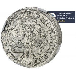 Śląsk, Panowanie pruskie, Fryderyk II, 3 Krajcary Wrocław 1754 B - NGC MS63