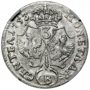 Śląsk, Panowanie pruskie, Fryderyk II, 3 Krajcary Wrocław 1753 B - NGC MS63