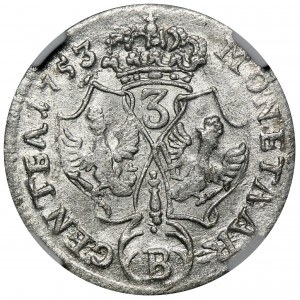 Silesia, Prussian rule, Friedrich II, 3 Kreuzer Breslau 1753 B - NGC MS63