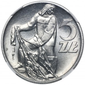 5 złotych 1958 Rybak - NGC MS62 - wąska ósemka