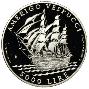 San Marino, 5.000 Lirów 1995 Żaglowiec Amerigo Vespucci