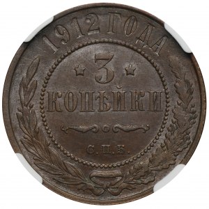 Rosja, Mikołaj II, 3 Kopiejki Petersburg 1912 СПБ - NGC AU58 BN