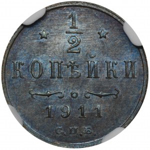 Rosja, Mikołaj II, 1/2 Kopiejki Petersburg 1911 СПБ - NGC MS64 BN