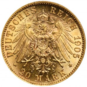 Germany, Saxony, Friedrich August III, 20 Mark Muldenhütten 1905 E - RARE