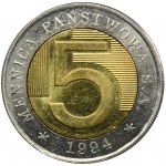 PRÓBA TŁOCZENIA, 5 złotych 1994 - RZADKOŚĆ, nominał i orzeł