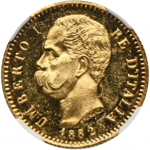 Włochy, Królestwo Włoch, Umberto I, 20 Lirów Rzym 1882 R - NGC MS63 DPL