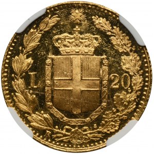Włochy, Królestwo Włoch, Umberto I, 20 Lirów Rzym 1882 R - NGC MS63 DPL
