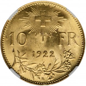 Switzerland, 10 Francs Bern 1922 B - NGC MS63 - Vreneli