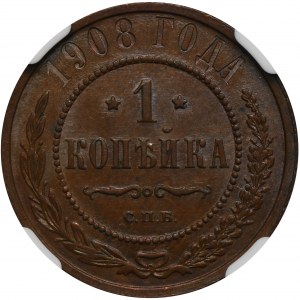 Rosja, Mikołaj II, 1 Kopiejka Petersburg 1908 СПБ - NGC MS61 BN