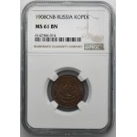 Rosja, Mikołaj II, 1 Kopiejka Petersburg 1908 СПБ - NGC MS61 BN