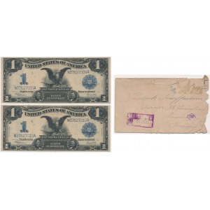 USA, Silver Certificate, 1 dolar 1899 - Speelman & White (2 szt.) + koperta z epoki - numery kolejne