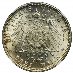 Germany, Bavaria, Regent Luitpold, 3 Mark Munich 1911 D - NGC MS65