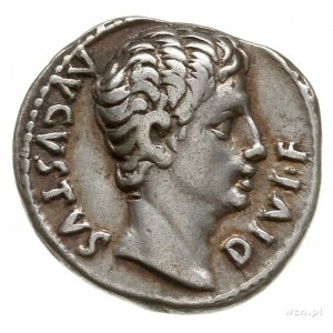 denar ok. 15-13 pne, Lugdunum; Aw: Głowa Augusta w praw...