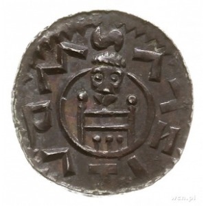 denar 1061-1086; Aw: Książę siedzący na tronie na wpros...