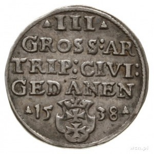 trojak 1538, Gdańsk, na awersie końcówka napisu PRVS; I...