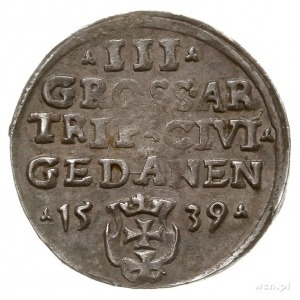 trojak 1539, Gdańsk, na awersie końcówka napisu PRVS; I...