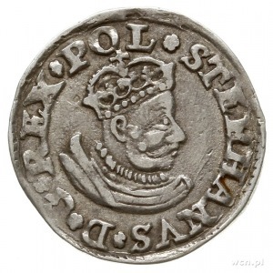 trojak 1580, Olkusz, Aw: mała głowa króla w prawo i nap...