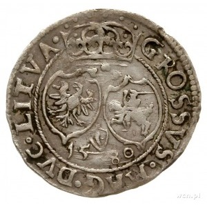 grosz 1581, Wilno, Aw: Głowa króla w prawo, w koronie i...
