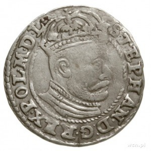 grosz 1582, Olkusz, Aw: Głowa króla w prawo, w koronie ...