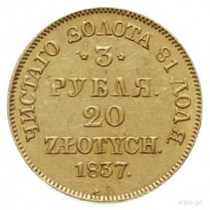 3 ruble = 20 złotych 1837, Warszawa; złoto 3.91 g; Plag...