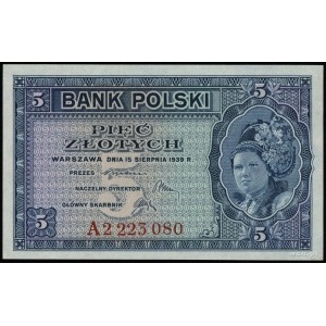 5 złotych 15.08.1939; seria A, numeracja 2223080; Lucow...