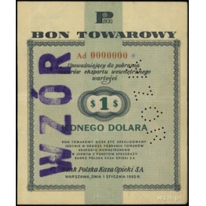wzór bonu towarowego 1 dolar 1.01.1960; granatowo-fiole...