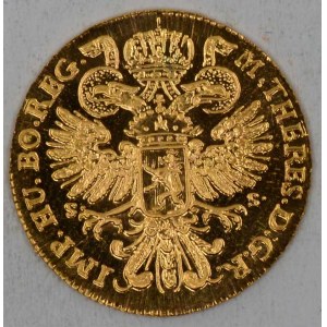 Novoražba Šlikovského dukátu 1767/2019. Au 0.986 (3,50 g) 20 mm, mincovna Kremnica, raženo pouze 150 kusů, dřevěná etue...