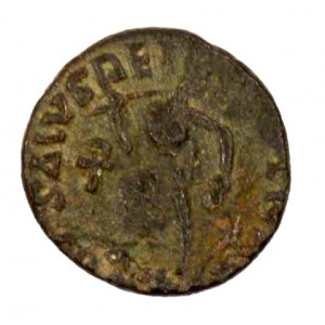 Theodosius I.  (379-395). AE 4 (13 mm), minc. Řím. SALVS REIPVBLICAE, kráčející Victoria, christogram. Sear-4088...