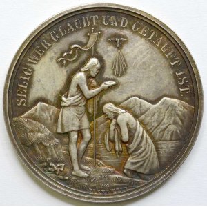 Křestní medaile b.l. (cca 1850). P. Marie s Ježíškem, opis / křest Krista v Jordánu, opis. Sign. Drentwett. Ag 34 mm ...