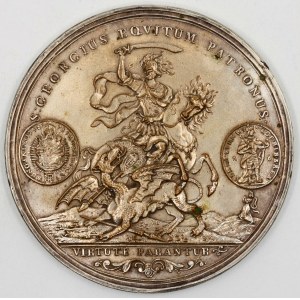 Kremnická medaile se sv. Jiřím b.l. z r. 1726, nová ražba z r. 1914. Sv. Jiří na koni s mečem bojuje s drakem...