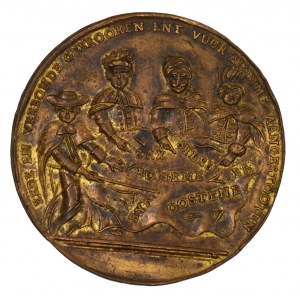 Marie Terezie.  Posměšná medaile na pragmatickou sankci 1742. Stojící královna kojí dítě, opis a letopočet ...