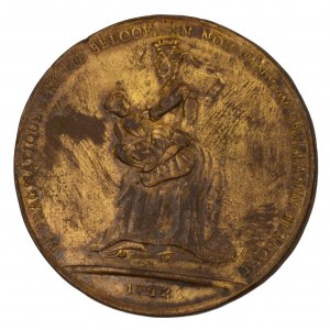 Marie Terezie.  Posměšná medaile na pragmatickou sankci 1742. Stojící královna kojí dítě, opis a letopočet ...