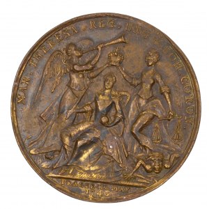 Medaile ke korunovaci na českou královnu v Praze 12.5.1743. Sedící královna, po stranách anděl s trubkou a Justitia...