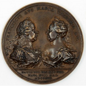 Rodinná medaile Marie Terezie a Františka Lotrinského 1759. Dva portréty proti sobě, opis a nápis ...