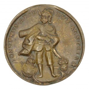 Posměšná medaile b.l. (1765). Sedící Marie Terezie s dítětem, opis / stojící Josef s mečem, opis. Bronz 40 mm...