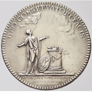 Medaile ve váze tolaru (kongresový tolar) na Těšínský mír 1779. Ve věnci nápis / Germánie u oltáře, opis a nápis...