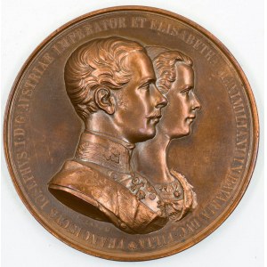 František Josef I.  Svatba s Alžbětou Bavorskou (Sisi) 1854. Dvouportrét, opis / svatební scéna, nápis. Sign. Lange...