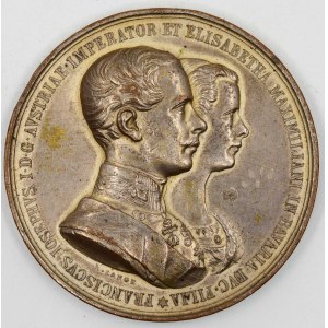 Svatba s Alžbětou Bavorskou (Sisi) 1854. Dvouportrét, opis / svatební scéna, nápis. Sign. Lange. Bronz postř...